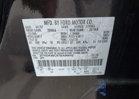 2007 Ford Edge Sel из США, поврежденный, VIN 2FMDK48C87BA96692